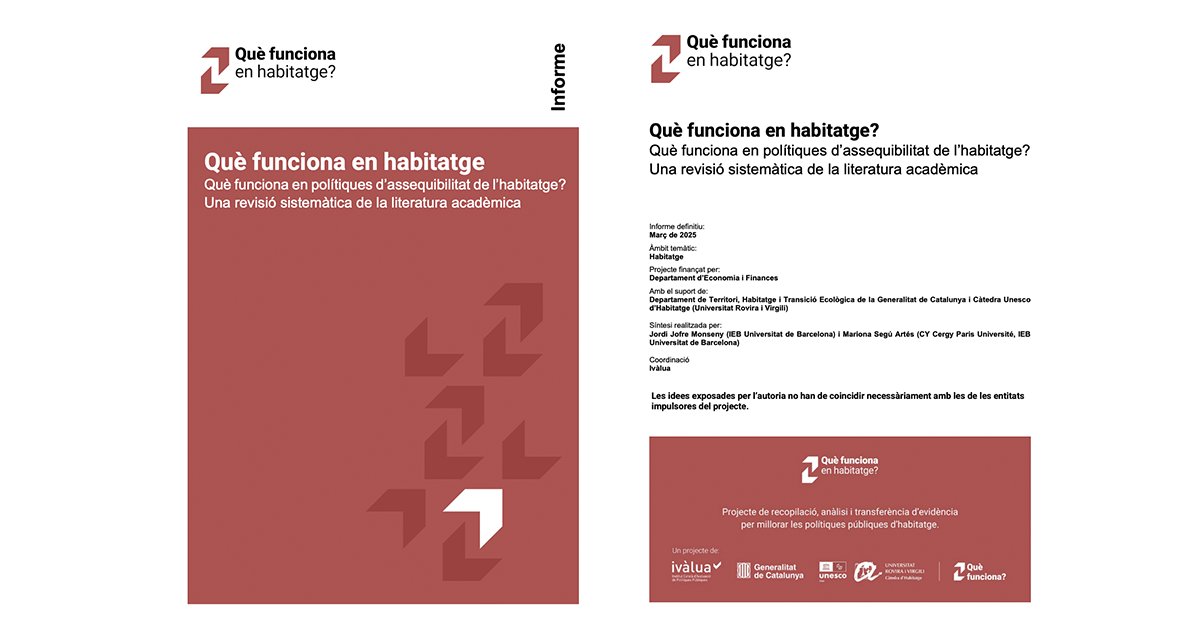 🏠 #QFHabitatge: Projecte "Què funciona en polítiques d’habitatge: quin paper hi pot tenir l’evidència?"

Revisió sistemàtica de la literatura acadèmica a càrrec de l'investigador de l'IEB <a href="/jofre_monseny/">Jordi Jofre-Monseny</a> i la investigadora associada <a href="/marionasegu/">Mariona Segú</a>. 

📖  f.mtr.cool/nyjvpyziws