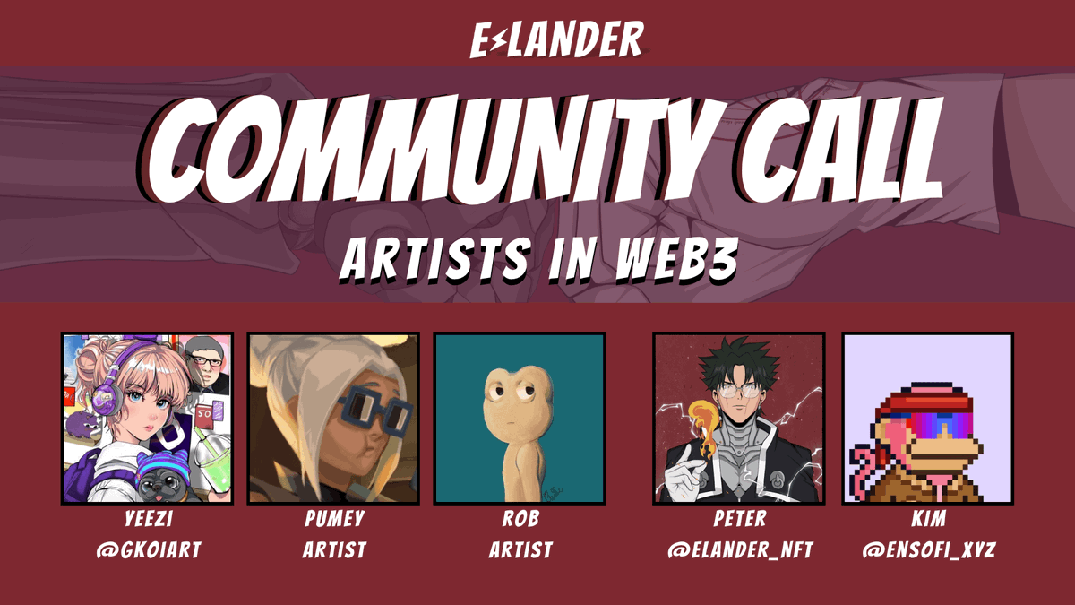 E-Lander Community Call: Artists in Web3

🗓 Friday, 11th July | 3:00 PM UTC
📍 EnsoFi Discord: Link in bio

Don't miss this weekend's community call to catch up on all the exciting happenings in the Web3 art world

➤ <a href="/0xyeezi/">Yeezi</a> - Web3 Artist at <a href="/gkoiart/">The Art of KOI</a>
➤ <a href="/mghrbii/">𝖒𝖆𝖌𝖍𝖗𝖔𝖇𝖎 | 𝖒𝖔𝖒𝖔𝖓</a> - Web3 Artist