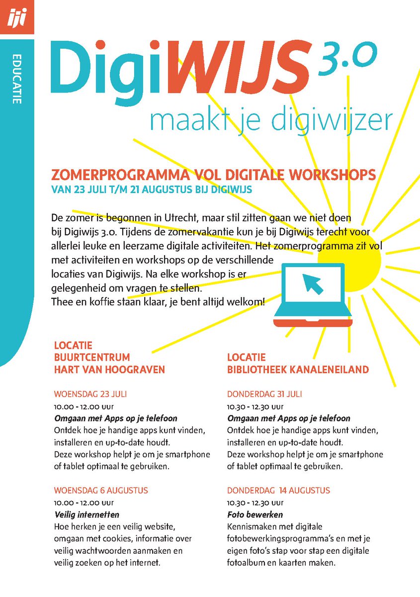 🌞📱 Zin in iets leuks deze zomer? Kom naar de Digitale Workshops van Digiwijs 3.0 (23 juli – 21 aug)! Apps, veilig internetten, tekstbewerking en meer – gratis en gezellig!   #Zomer2025 #Digiwijs #DigitaleWorkshops