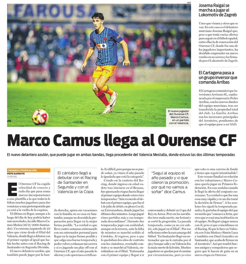 🗞️ Marco Camus llega al Ourense CF.
El nuevo delantero azulón, que puede jugar en ambas bandas, llega procedente del Valencia Mestalla,  laregion.es/deporte-local/… vía @laregion