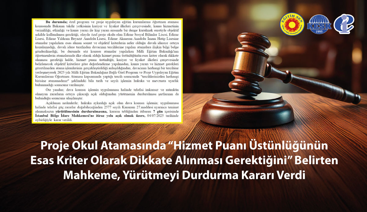 🔴Proje Okul Atamasında “Hizmet Puanı Üstünlüğünün Esas Kriter Olarak Dikkate Alınması Gerektiğini” Belirten Mahkeme, Yürütmeyi Durdurma Kararı Verdi
egitimsen.org.tr/proje-okul-ata…