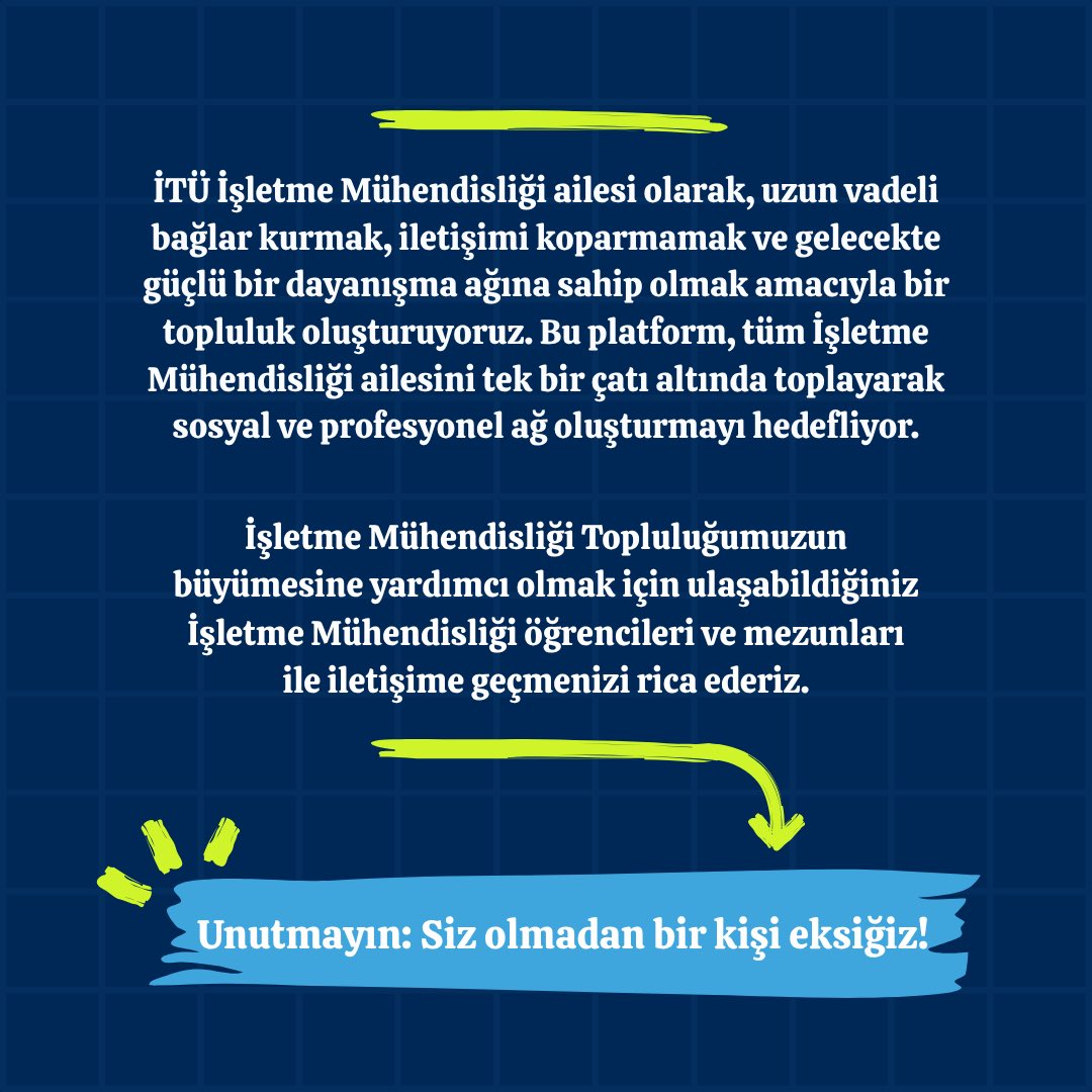 📣 İTÜ İşletme Mühendisliği Topluluğu Kuruluyor!

Topluluğa katılmak isteyenler için ön kayıt formları:
 🧑‍🎓 Öğrenci Formu: docs.google.com/forms/d/e/1FAI…
 👨‍🎓 Mezun Formu: forms.gle/DUp48qJNUj2dup…

Unutma sen olmadan 1 kişi eksiğiz.

#işletmemühendisliği #itü