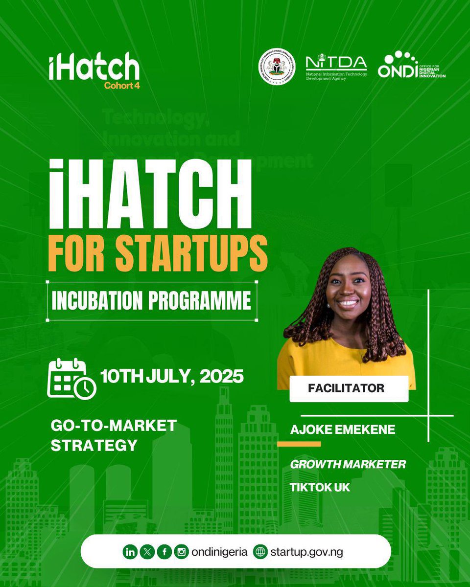 NITDANigeria's tweet photo. Join Ajoke Emekene from TikTok UK as she breaks down how to take your startup to market — the smart and solid way.
Real tips from a pro.
10am
Don’t miss out!
#iHatch
#StartupReady
@ONDINigeria https://t.co/l85U2qVtde
