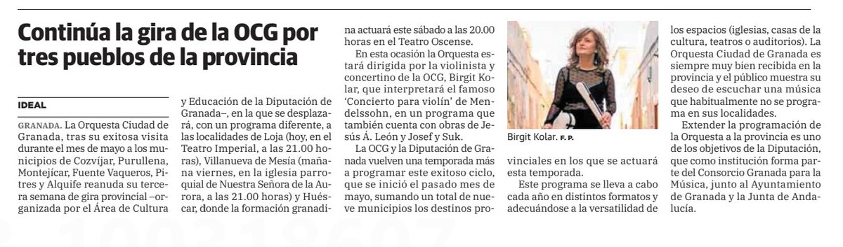 Diario Ideal (10 julio 2025): "Continúa la gira de la OCG por tres pueblos de la provincia".