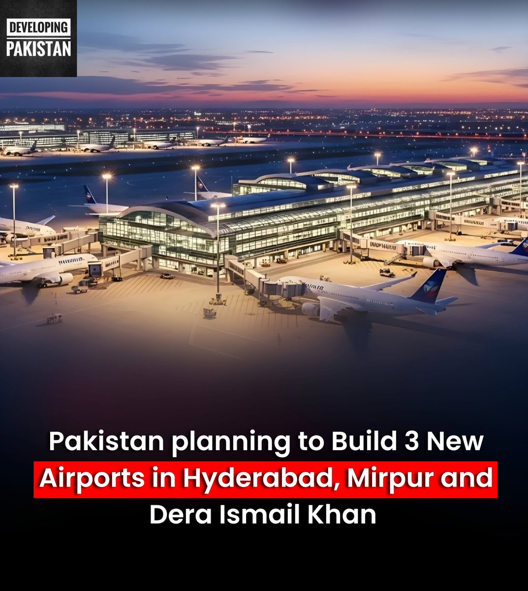 developingpak's tweet image. The #Pakistan Airports Authority (#PAA) is moving ahead with a series of major airport projects in three cities.

According to official sources, new airports are planned for #Mirpur (#AzadKashmir), #DeraIsmailKhan, and #Hyderabad.

Meanwhile, the #Sukkur Airport will undergo a…