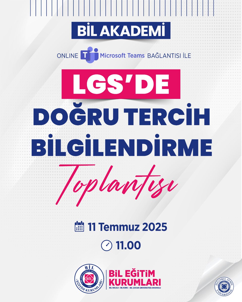 BİL Kurs (@bilkurs) on Twitter photo 𝗕𝗶𝗟 𝗔𝗞𝗔𝗗𝗘𝗠𝗶 🎓
LGS'DE DOĞRU TERCİH BİLGİLENDİRME TOPLANTISI
🗓 11 Temmuz 2025
⏰️ 11.00
<a href="/IAUKampus/">İstanbul Aydın Üniversitesi</a> <a href="/iautanitim/">İAÜ Halkla İlişkiler ve Tanıtım</a> <a href="/bil_kariyer/">BİL Rehberlik ve Kariyer Merkezi</a> 𝗕𝗶𝗟 𝗔𝗞𝗔𝗗𝗘𝗠𝗶 🎓
LGS'DE DOĞRU TERCİH BİLGİLENDİRME TOPLANTISI
🗓 11 Temmuz 2025
⏰️ 11.00
<a href="/IAUKampus/">İstanbul Aydın Üniversitesi</a> <a href="/iautanitim/">İAÜ Halkla İlişkiler ve Tanıtım</a> <a href="/bil_kariyer/">BİL Rehberlik ve Kariyer Merkezi</a>