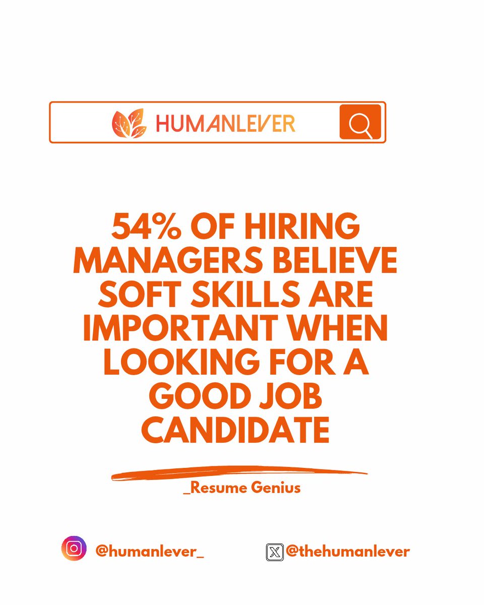 thehumanlever's tweet image. 54% of hiring managers say soft skills are essential when choosing the right candidate.
Technical skills get you in the door but soft skills seal the deal.
#HiringTips #SoftSkillsMatter #RecruitmentStrategy #HRInsights #CareerGrowth #JobSearchTips #WorkplaceSuccess
