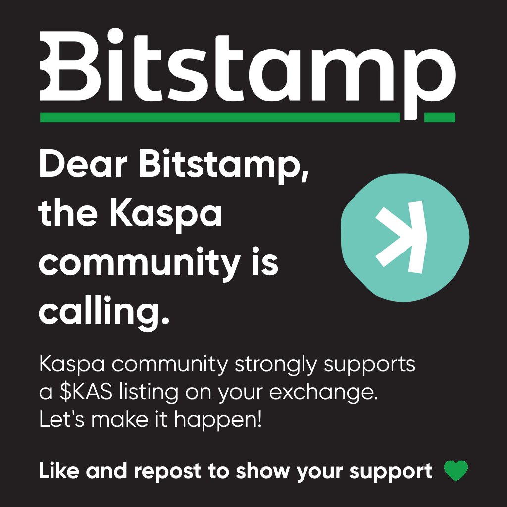 Hi <a href="/BobbyZagotta/">Bobby Zagotta</a> - the Kaspa community would love to see $KAS listed on <a href="/Bitstamp/">Bitstamp by Robinhood</a>.
It’s fast, decentralized, has ultra-low fees, and runs on a brand-new blockDAG DLT.
<a href="/BitstampSupport/">Bitstamp Support by Robinhood</a> @jb__bitstamp #Bitstamp #ListKaspa