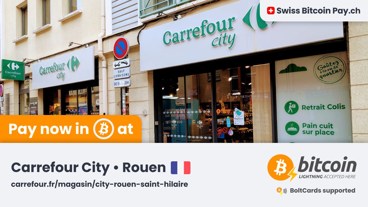 🚀 Amazing new merchant accepting Bitcoin 🚀

Carrefour City Saint-Hilaire 🇫🇷 is now accepting #Bitcoin payments ⚡ through <a href="/SwissBitcoinPay/">🇨🇭 Swiss Bitcoin Pay</a>

Supermarket for daily groceries 🛒

📍 Rouen, France
💳 BoltCards supported
🔒 This merchant has 100% control on their Bitcoin