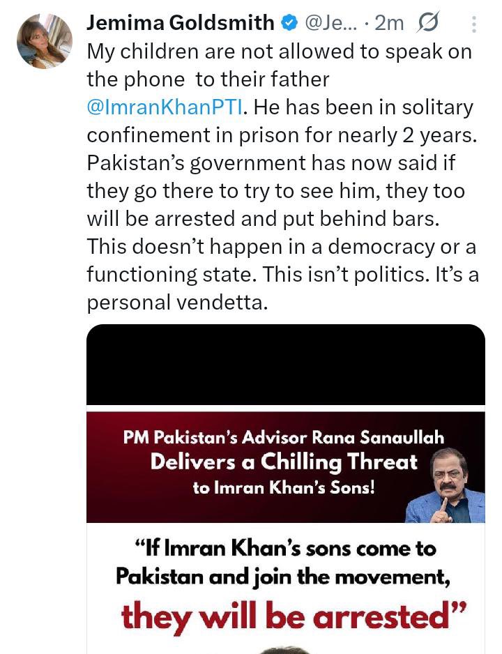 SSG of Pti (@ssgviews) on Twitter photo پی ٹی آئی قیادت کو چاہیے ان چوروں پر پورے ملک میں کیس درج کرا دینے چاہیے 🚨🚨
میرے بچوں کو اپنے والد <a href="/ImranKhanPTI/">Imran Khan</a> سے فون پر بات کرنے کی اجازت نہیں ہے۔ وہ تقریباً 2 سال سے جیل میں قید تنہائی میں ہیں۔
پاکستان کی حکومت نے اب کہا ہے کہ اگر وہ وہاں جانے کی کوشش کرتے ہیں تو انہیں پی ٹی آئی قیادت کو چاہیے ان چوروں پر پورے ملک میں کیس درج کرا دینے چاہیے 🚨🚨
میرے بچوں کو اپنے والد <a href="/ImranKhanPTI/">Imran Khan</a> سے فون پر بات کرنے کی اجازت نہیں ہے۔ وہ تقریباً 2 سال سے جیل میں قید تنہائی میں ہیں۔
پاکستان کی حکومت نے اب کہا ہے کہ اگر وہ وہاں جانے کی کوشش کرتے ہیں تو انہیں