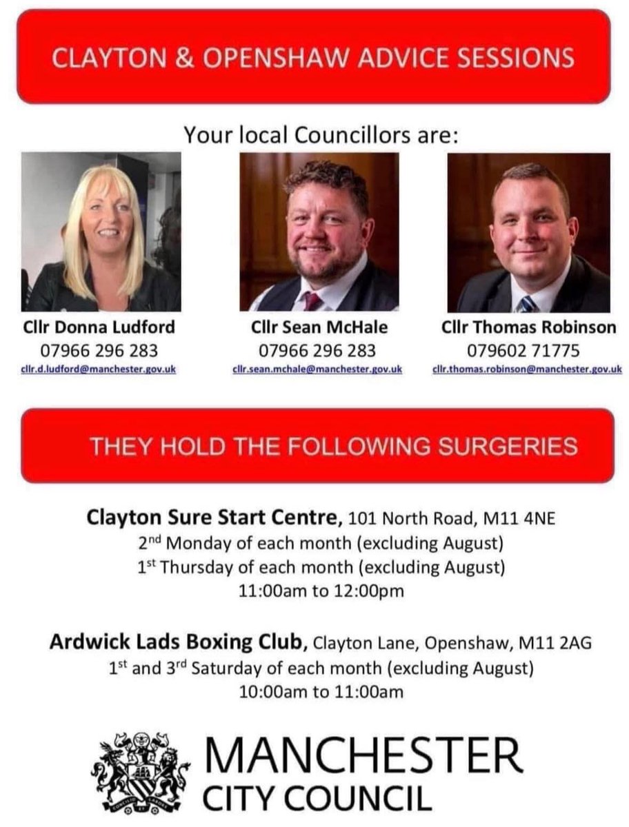 Thomas F. Robinson (@tomfredrob) on Twitter photo 🔈The Clayton & Openshaw Labour team’s monthly surgeries are beginning to take place for July and there are still slots available if you would like to attend.
Details on how to come along and see Cllrs <a href="/donnaludford/">Donna Ludford</a>, <a href="/SeanMcHale9/">Sean McHale</a> or myself are below!
👇👇👇👇👇👇 🔈The Clayton & Openshaw Labour team’s monthly surgeries are beginning to take place for July and there are still slots available if you would like to attend.
Details on how to come along and see Cllrs <a href="/donnaludford/">Donna Ludford</a>, <a href="/SeanMcHale9/">Sean McHale</a> or myself are below!
👇👇👇👇👇👇