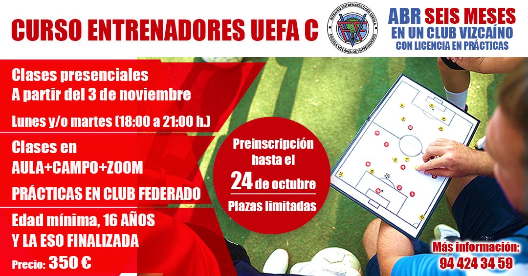 📅 ABIERTO un nuevo CURSO de Entrenador UEFA C de FÚTBOL, que comenzará el próximo 3 de NOVIEMBRE.

🟢 Apuntarse antes del 24 de octubre.

📚💻 Clases teóricas por Zoom y prácticas presenciales.

💰 Precio: 350 euros

👉 Enlace para la inscripción 👇
onformacion.rfef.es/fed/79g8HLLjWC…