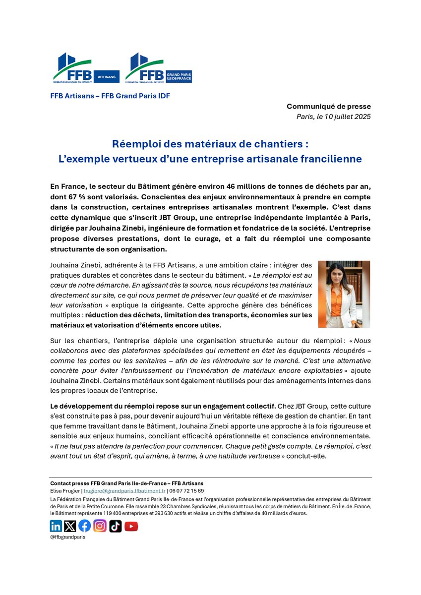 [Communiqué de presse]📝En France, le secteur du Bâtiment génère environ 46 millions de tonnes de déchets par an, dont 67 % sont valorisés♻️ 
➡️Conscientes des enjeux environnementaux à prendre en compte dans la construction, certaines entreprises artisanales montrent l’exemple👇