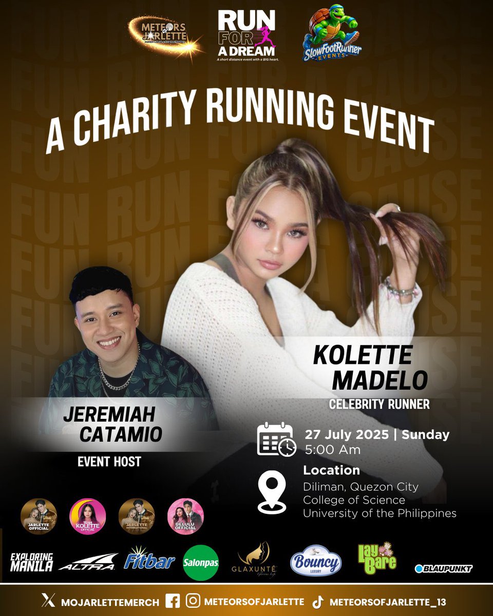 Meteorsstrings's tweet photo. Our fun run event for a cause is proud to feature our celebrity runner @kolettemadelo and charismatic host @JeCatamio from ABS-CBN's Kapamilya Chat Host! Plus, exciting celebrity guests will be joining us! 

To top it off, our generous sponsors have prepared amazing giveaways and prizes for our runners. Don't miss out on the action - register now and be part of this unforgettable event! 🏃‍♀️🎁💕

See you there! Let’s run and make a difference! 

Register here Run For A Dream - A Charity Running Event

#JarLette