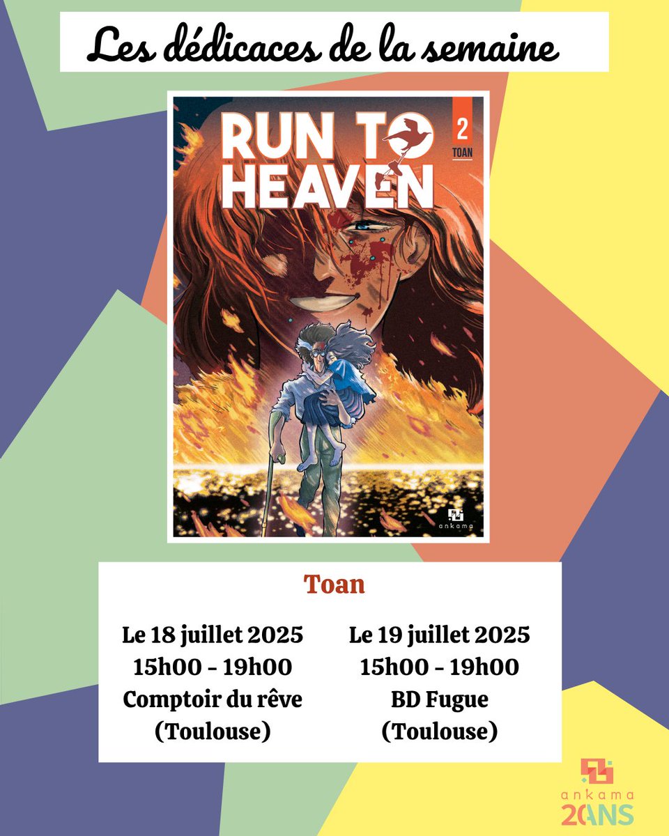 AnkamaEditions's tweet image. Voici nos dédicaces de la semaine !
@YesToan sera en dédicace le 18 juillet à Toulouse au Comptoir du rêve, et le 19 juillet au BD Fugue ! 🏃♀️
Stéphanie Le Chevalier @AnieSlc sera en dédicace le 19 juillet à l'odyssée manga à Royan ! 🏭