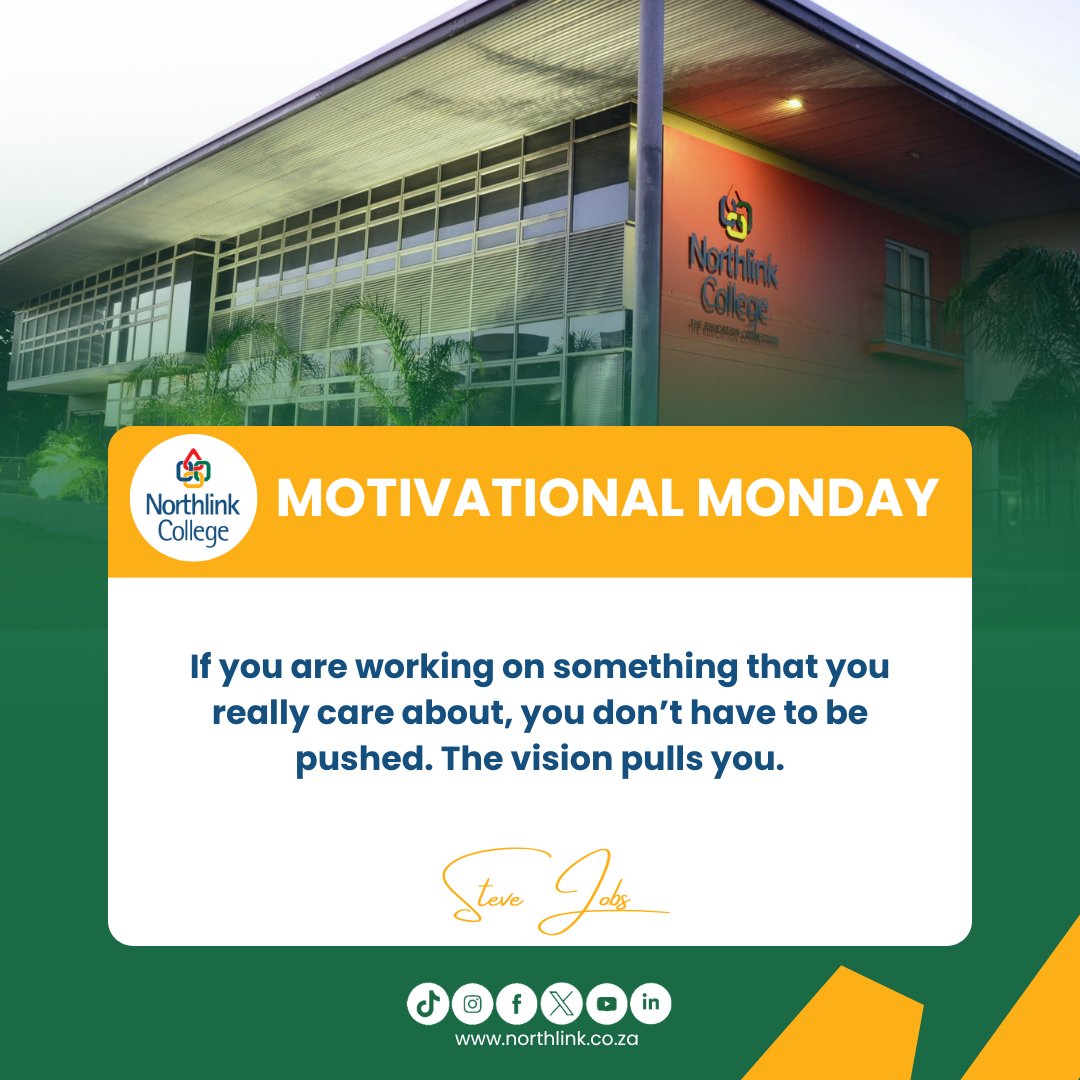 Happy Monday #NLCFamily 😄

Steve Jobs once said: "You don’t have to be pushed. The vision pulls you."

Whatever you are building, if your heart’s in it stay the course. Your why will carry you through.

#northlinkcollege #mondaymotivation
