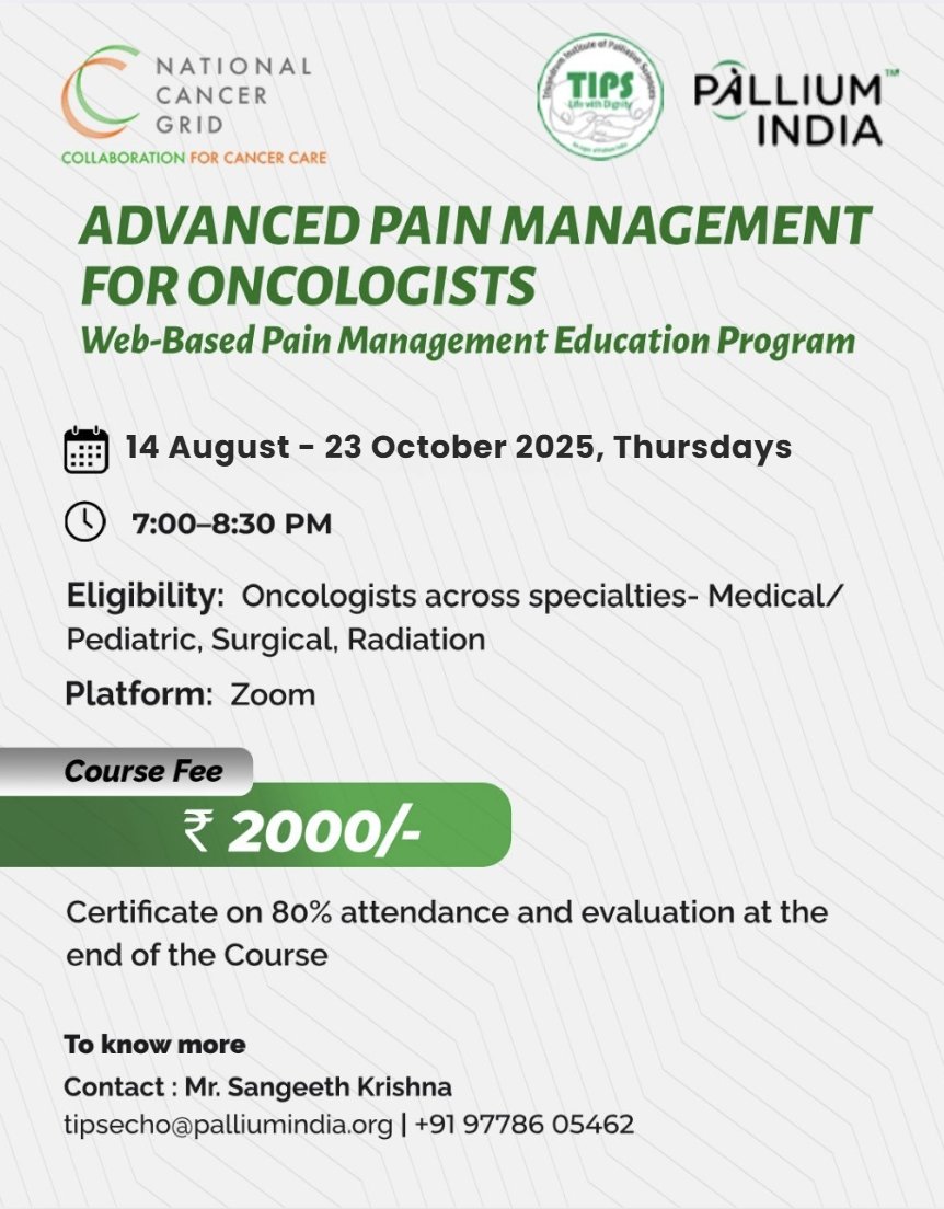 🔔Oncologists, enhance your pain management skills! Join the online course on Advanced Pain Management.

📅 14 Aug–23 Oct | ⏰ 7–8:30 PM | 💻 Zoom
🎓 Certificate on completion

To Register, please visit: palliumindia.org/2025/07/web-ba…

#Oncology #PainManagement #MedX #RegisterNow