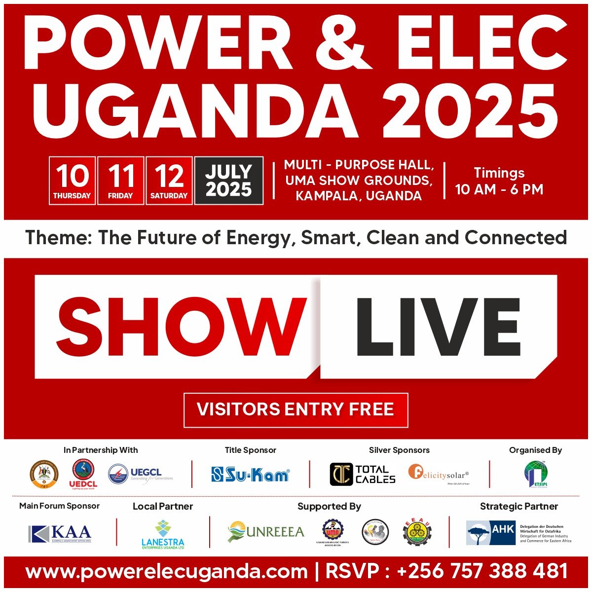 The Power &amp; Electricity EXPO 2025 is now LIVE ⚡️

Happening at UMA Showgrounds, Kampala — bringing together energy leaders, innovators &amp; changemakers under the theme “The Future of Energy: Smart, Clean &amp; Connected.”

#PowerElecUG2025 #EnergyTransition #RenewableEnergyUG