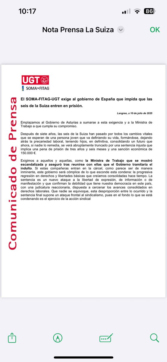 El SOMA-FITAG-UGT exige al gobierno de España que impida que las seis de la Suiza entren en prisión.