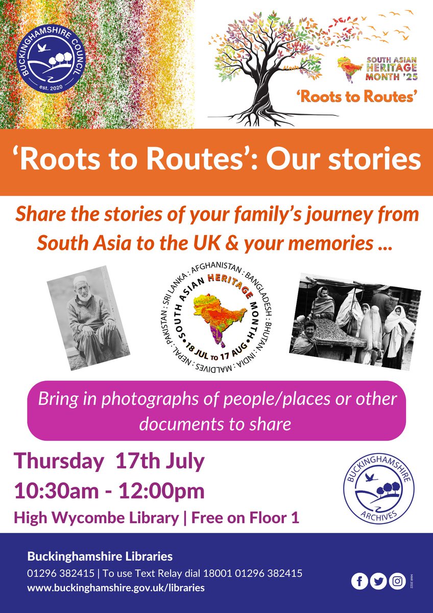 BucksArchives's tweet image. We'll be at Wycombe Library on the 17th of July to celebrate South Asian Heritage Month! Come along and share your stories, photographs, and memories from 10:30am to 12:00pm.