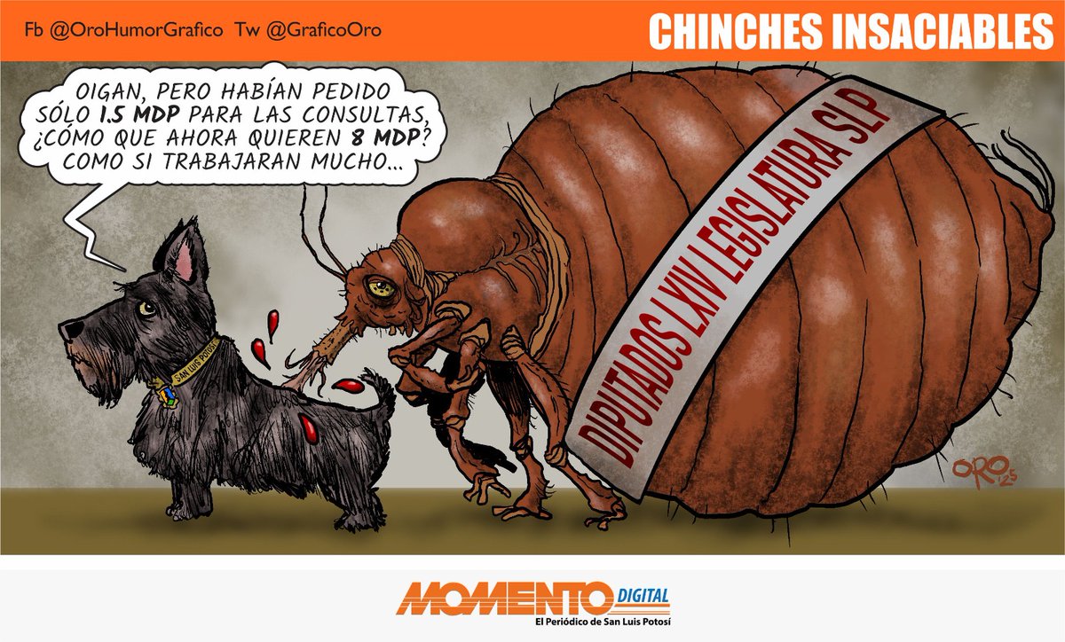 CHINCHES INSACIABLES
por Oro
Como chinches gordas, nuestros diputados potosinos piden más presupuesto para hacer consultas ciudadanas que ya estaban bien presupuestadas y que seguramente se las adjudicarán a sus  compadres. ¿8 millones? ¡Por supuesto! ¡lo que ustedes pidan! 😇