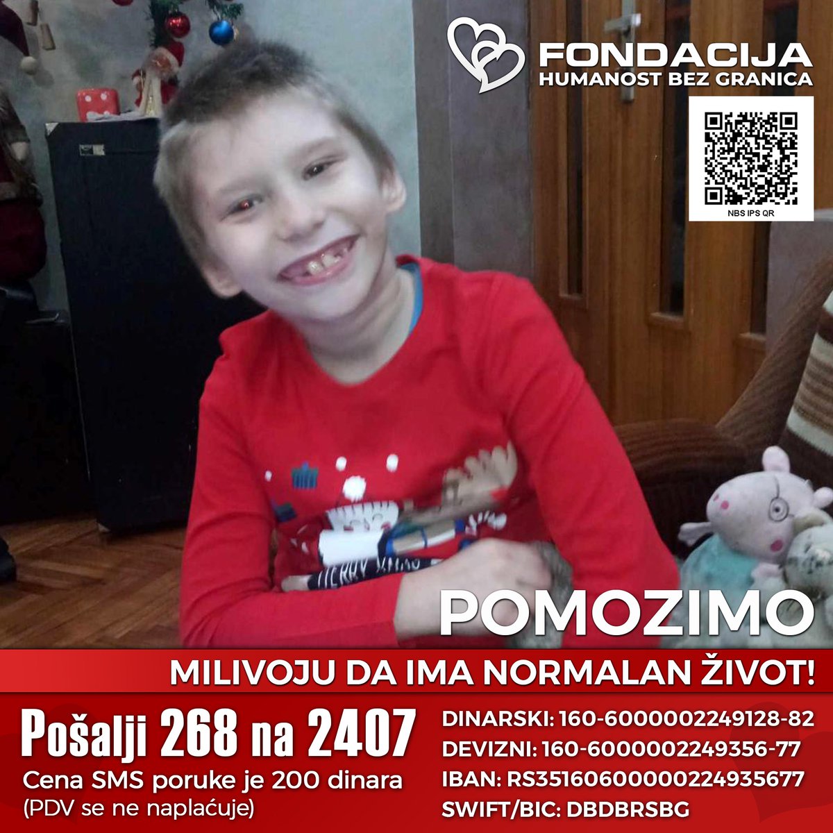 Vladano's tweet image. Milivoje, dečak sa autizmom, suočava se s brojnim izazovima, poput vrištanja, plakanja i čestog samopovređivanja.

Pomozimo!

Pošalji SMS: 
268 na 2407

Skeniraj i doniraj:
NBS IPS QR kod

E-Doniraj - VISA, MasterCard, PayPal: fondacija.rs/sr/korisnik/48…