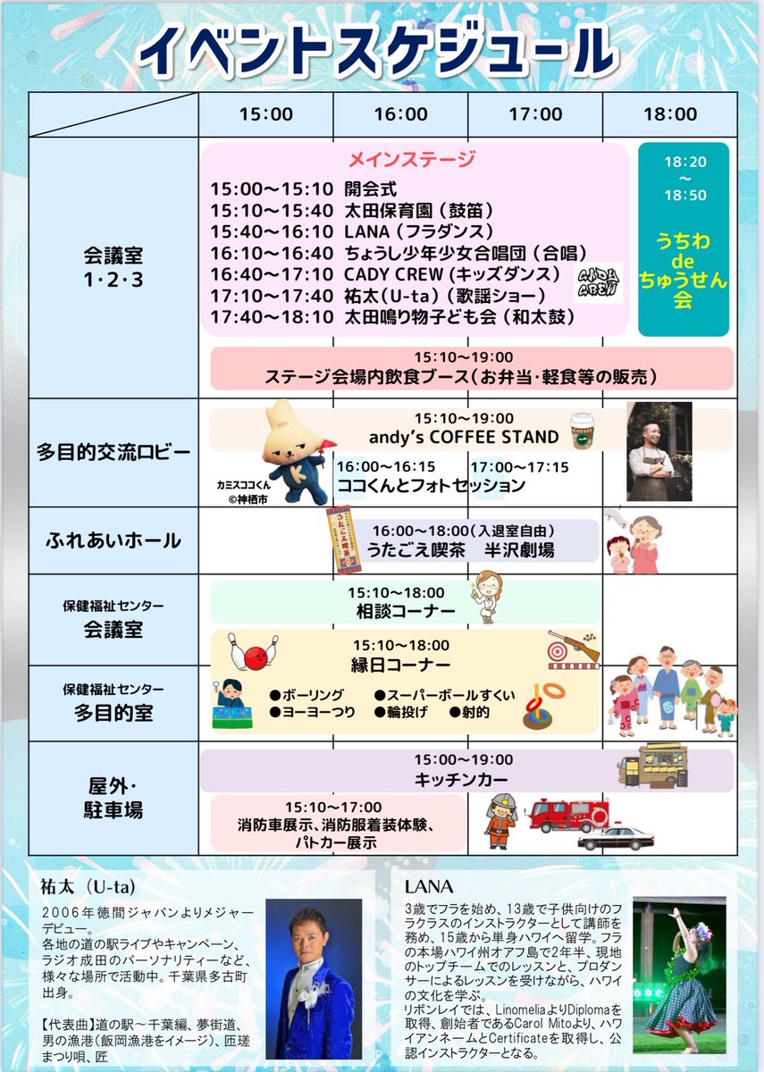 はさき交流夏祭りも3回目かぁ〜
出演予定だったLANAさん(フラダンス)がキャンセルとなりました。
代わりにお時間頂戴したので、よろしくお願いいたします。
DJはもちろんだけど、PAもきっちりやりたいなぁ。