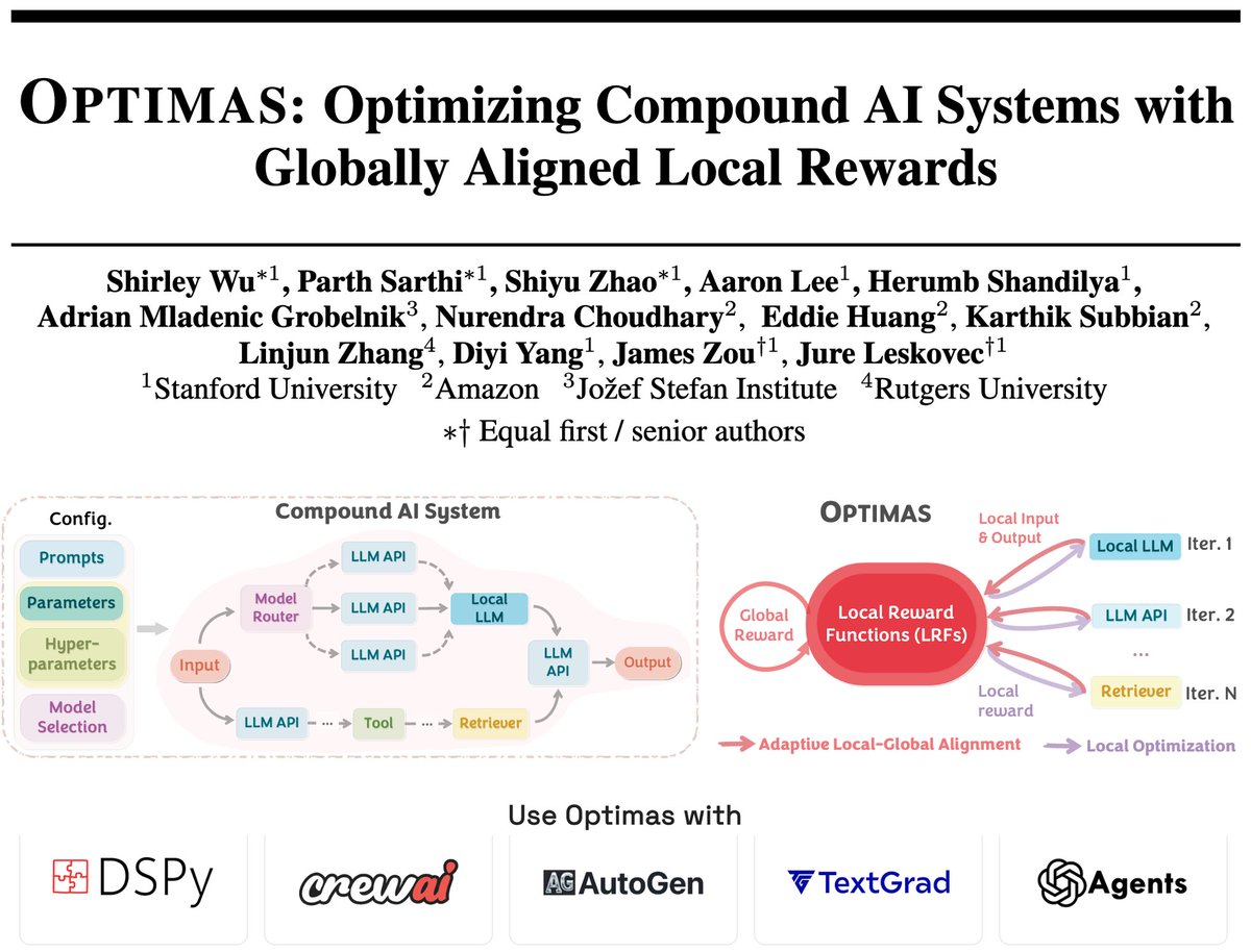 ShirleyYXWu's tweet image. Introducing 🔥Optimas🔥: The first unified framework to optimize compound AI systems composed of multiple components like trainable/API-based LLMs, tools, model routers, and traditional ML models! 🌐
👉🏻 optimas.stanford.edu
🌟 Why Optimas?
AI systems today combine diverse…
