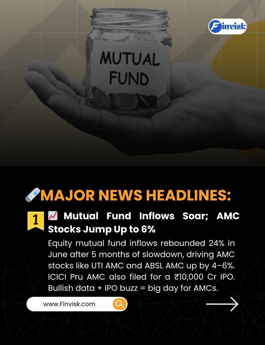 Finvisk_by_vkg's tweet photo. 📊 Market Highlights | July 10, 2025
🔥 MF inflows jump 24% 📈
💻 Nvidia hits $4T
🏦 SBI to raise ₹45,000 Cr
🚗 JSW eyes full MG Motor control
➡️ Dive into today’s #Finvisk market recap!
#LIC #MutualFunds #IndianEconomy #stocks #PrakashRaj #earthquake #Nvidia #CryptoMarket https://t.co/VKCGMQzdAr