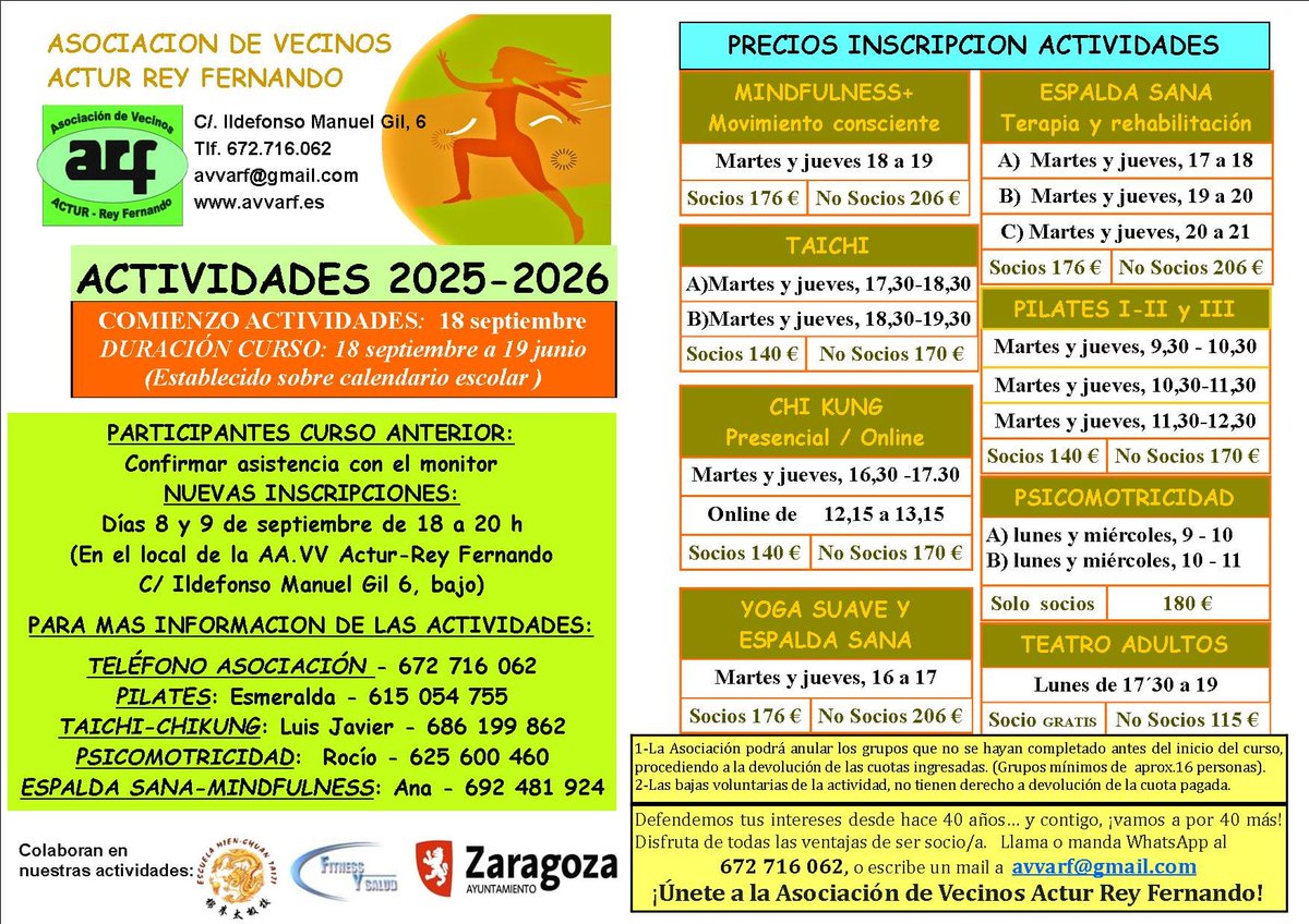 AVV.ACTUREYFERNANDO (@actureyfernando) on Twitter photo ¡Vuelven nuestras actividades 2025-2026! 🙌
🗓 del 18/09/25 al 19/06/26
📍 Pilates, yoga, taichi, mindfulness, teatro y más
💚 Precios reducidos para socias/os
📝 Inscripciones: 8 y 9 de septiembre (18 a 20 h)
¡Apúntate y haz barrio! ✨
ℹ️ 672 716 062 · avvarf@gmail.com
#Actur ¡Vuelven nuestras actividades 2025-2026! 🙌
🗓 del 18/09/25 al 19/06/26
📍 Pilates, yoga, taichi, mindfulness, teatro y más
💚 Precios reducidos para socias/os
📝 Inscripciones: 8 y 9 de septiembre (18 a 20 h)
¡Apúntate y haz barrio! ✨
ℹ️ 672 716 062 · avvarf@gmail.com
#Actur