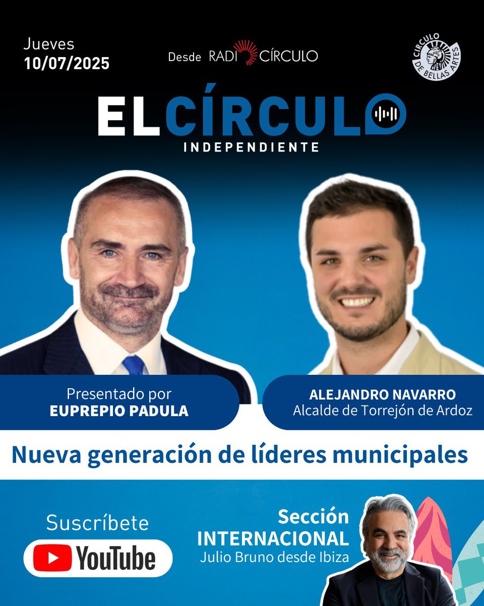 elcirculoin's tweet image. 🔴 Comenzamos una semana más en #ElCirculoIndependiente con nuevos e interesantes invitados.

➡️ JUEVES: Hablamos con @Ale_Navarro_trj , alcalde de @Ayto_Torrejon .

youtube.com/@elcirculoinde…