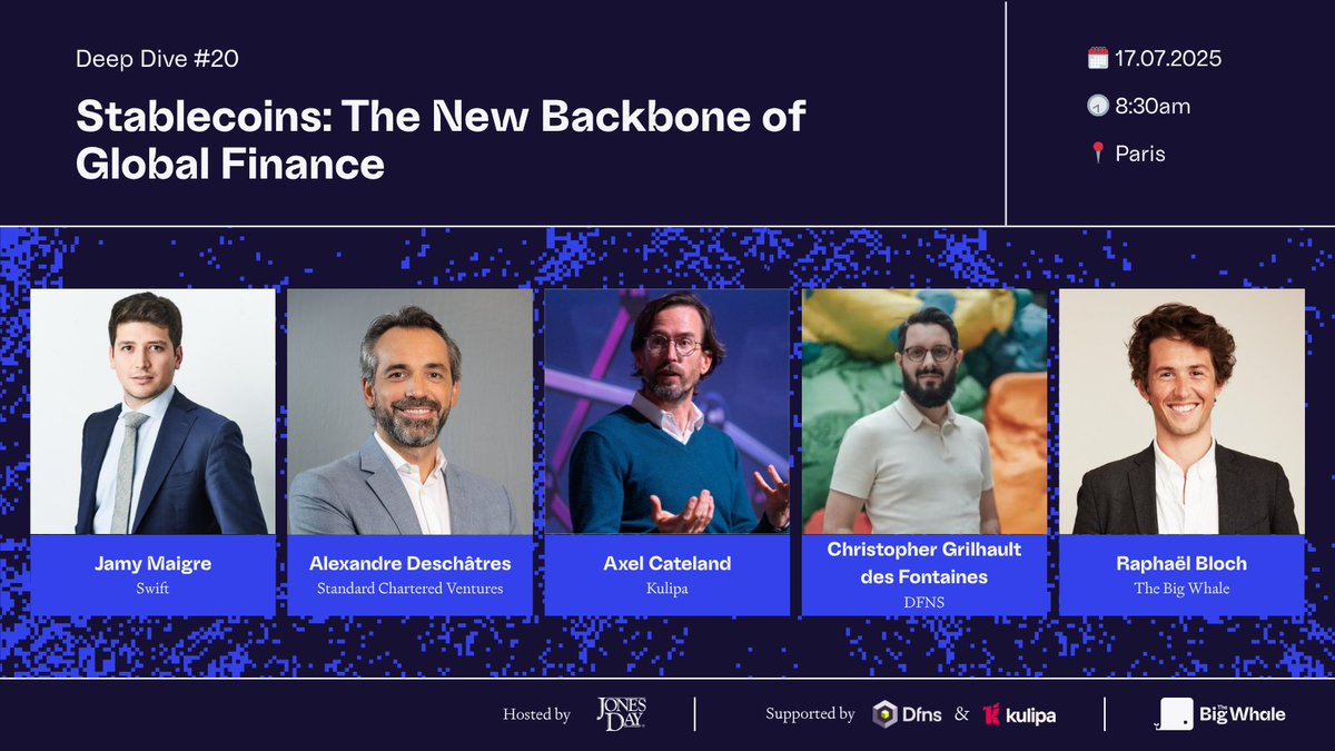 Join us July 17 in Paris for an exclusive breakfast unpacking the future of stablecoins:

🔵 Jamy Maigre, Head of Strategic Partnerships <a href="/swiftcommunity/">Swift</a>

🔵 Alexandre Deschâtres, Head of <a href="/scventuresDNA/">SC Ventures by Standard Chartered</a> HK &amp; North Asia

🔵 Axel Cateland (<a href="/cateland/">Axel</a>), Founder &amp; CEO <a href="/KulipaXYZ/">Kulipa</a>

🔵