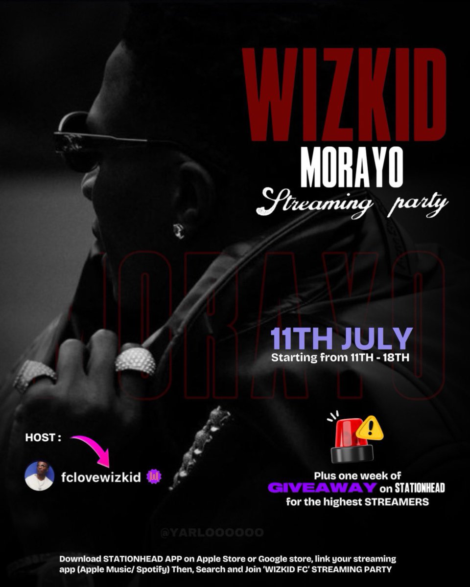 Album coming this midnight:
MORAYO ✅

Let’s know the real Wizkid FC from midnight, it’s either you go or go hard, Morayo from top to bottom!!!! share.stationhead.com/tvmzh521dqqg