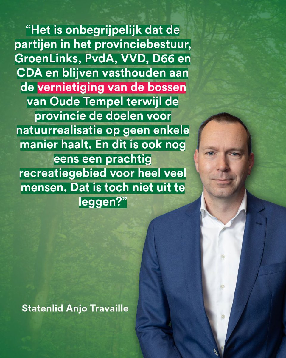 Statenlid Anjo Travaille: “Onbegrijpelijk dat GroenLinks, PvdA, VVD, D66 en CDA blijven kiezen voor vernietiging van natuur, terwijl we al onze doelen voor natuurherstel niet halen. Dit is óók een geliefd recreatiebos. Onverdedigbaar.”