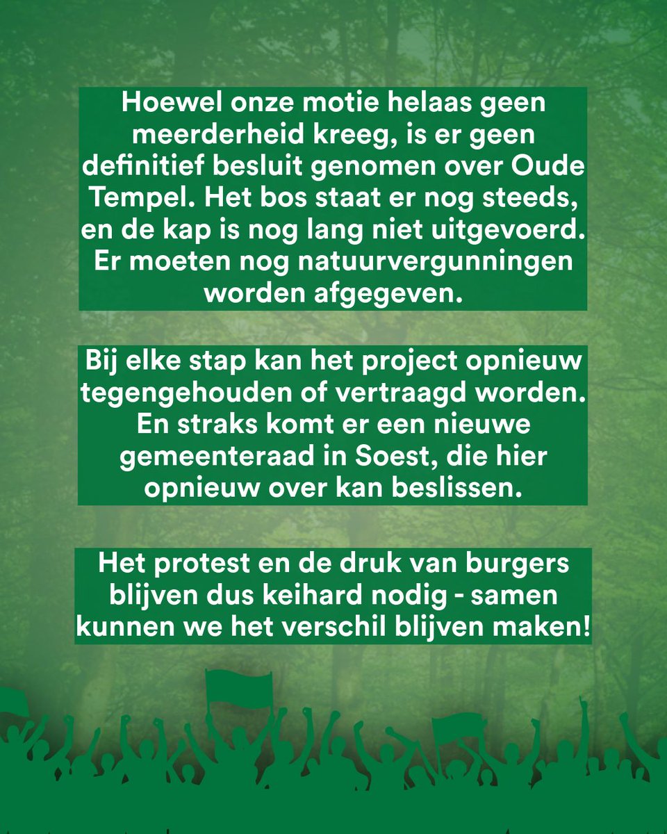 👉 Het bos staat er nog! Er is nog geen definitief besluit. Er zijn nog vergunningen nodig en een nieuwe gemeenteraad kan ingrijpen. Protest en druk blijven cruciaal. Samen maken we het verschil! ✊🌳