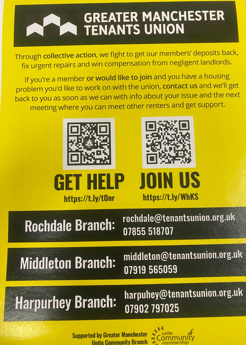 🚨 Living with disrepair, overcrowding or rent hikes?

You’re not alone and there’s help available. Come to our next branch meeting

📅 Tues 15 July
🕚 11am
📍 ArtHouse, Middleton (next to Costa)

DM/text/call/email for support

#Middleton #HousingCrisis #RentersRights #Community