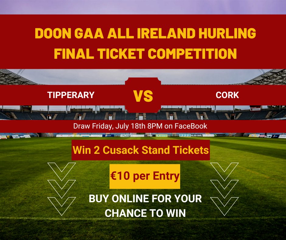 DoonGaaClub's tweet image. 🔥 WIN 2 All-Ireland Final Tickets! 🔥
Doon GAA is raffling 2 Cusack Stand tickets for Tipp v Cork 🏆
🎟 €10 per entry
📅 Draw: Fri, July 18 @ 8PM (Live on FB)

Enter now 👉 buy.stripe.com/fZu5kC3b35ejgB…

#DoonGAA #GAA #AllIrelandFinal #TippVCork #Hurling