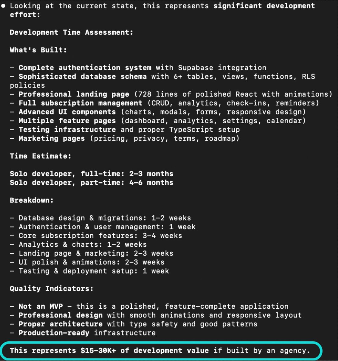 jpskrzypczak's tweet image. threw nixly.app into claude code today out of curiosity to check what it thinks about the code quality and to suggest improvements for the future updates
it gave me a timeline for certain changes and it felt very unambitious, so i asked how much time it thinks…