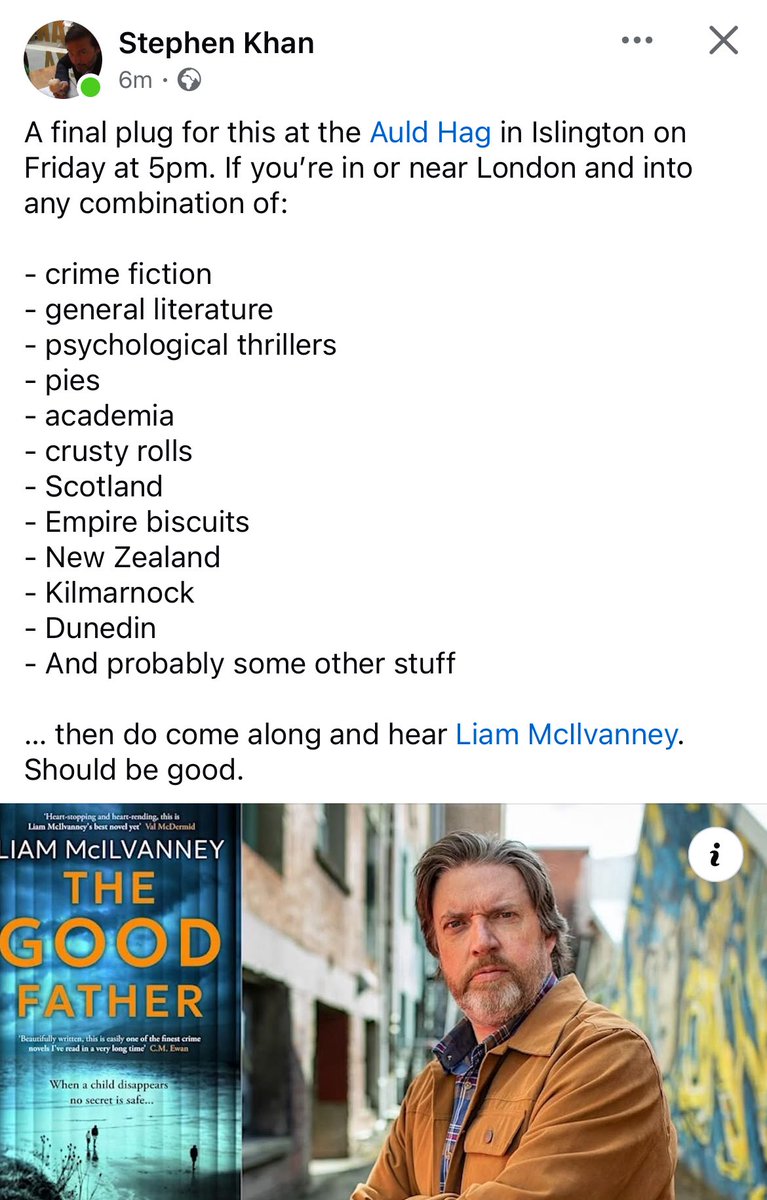 Liam McIlvanney (@liammcilvanney) on Twitter photo I’m loving <a href="/StephenKhan/">Stephen Khan</a>’s agenda for our chat in Islington tomorrow night…!😂 #TheGoodFather I’m loving <a href="/StephenKhan/">Stephen Khan</a>’s agenda for our chat in Islington tomorrow night…!😂 #TheGoodFather