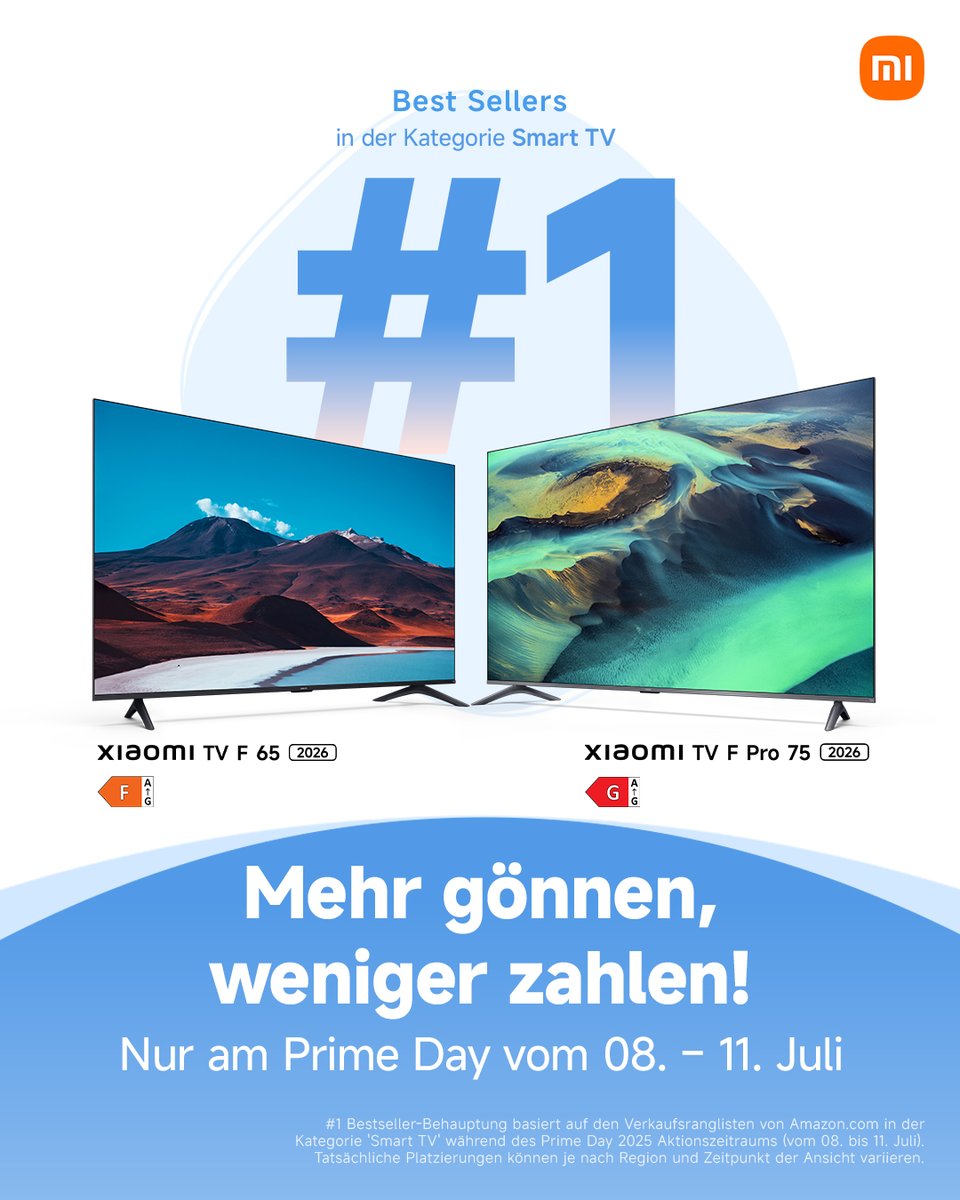 📺 Unsere Xiaomi TV F Series ist jetzt Bestseller Nr. 1 in der Kategorie Smart TVs auf Amazon!
🔥 Der Top-Deal der Prime Days läuft noch bis zum 11.07.: Sichere dir jetzt bis zu 40 % Rabatt auf Amazon.

✨ Nicht verpassen 👉  ams.xiaomi.net/EgKlPEyE