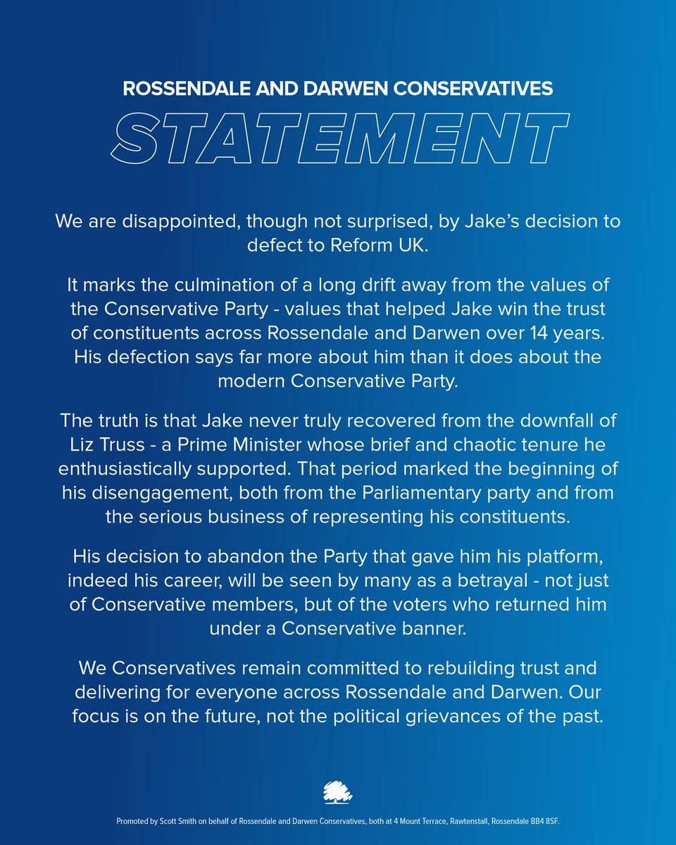 A statement from the Rossendale and Darwen Conservative Association, following Jake Berry’s decision to join Reform UK.