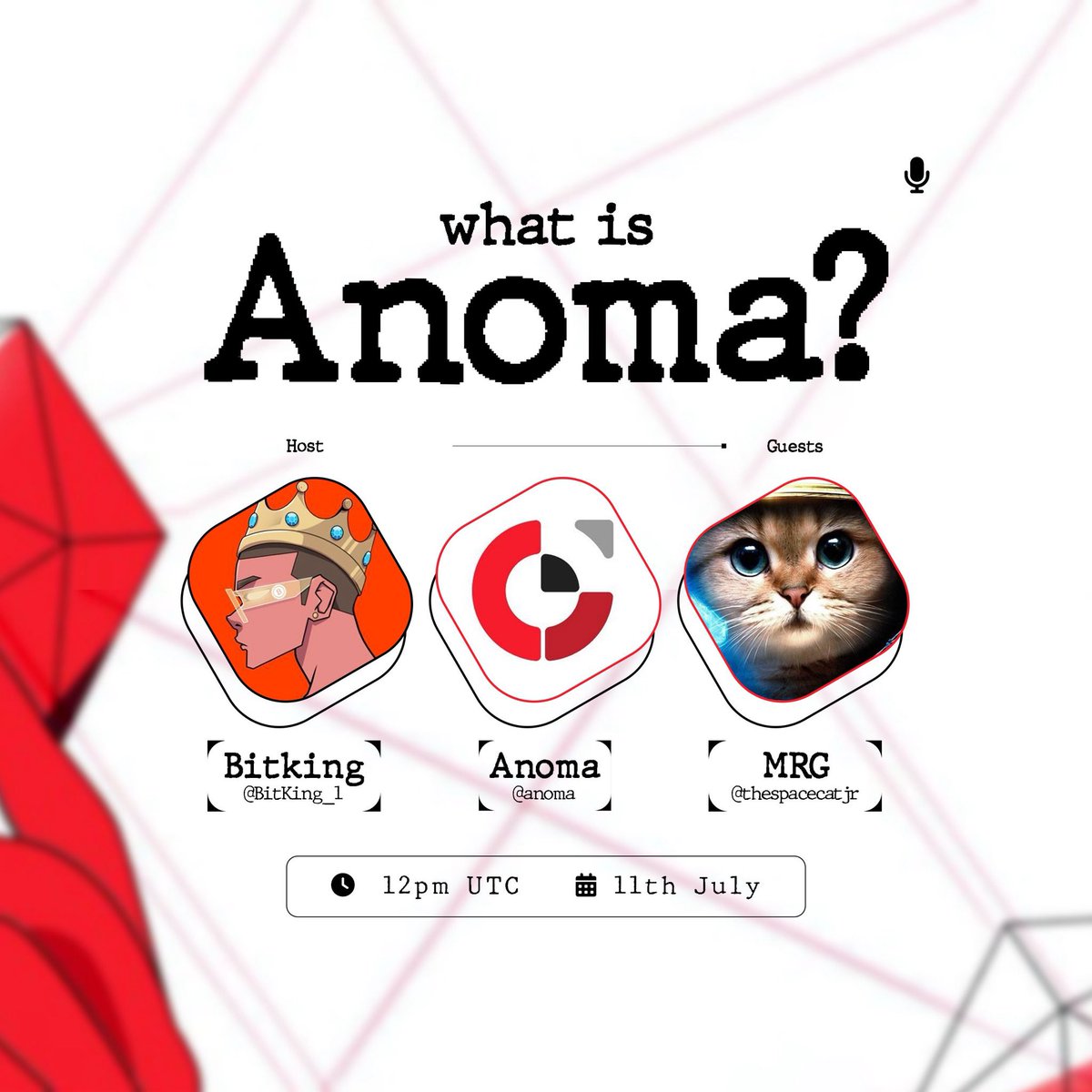 Tomorrow, the <a href="/anoma/">Anoma</a> team and I will be discussing what’s cooking on the platform and what to expect before and after TGE. 

Guest: <a href="/thespacecatjr/">MRG</a> 

Co-host: <a href="/legbo_/">Legbo 👑 💎</a> 

Don’t miss this space for anything. 

Set your reminder below 👇