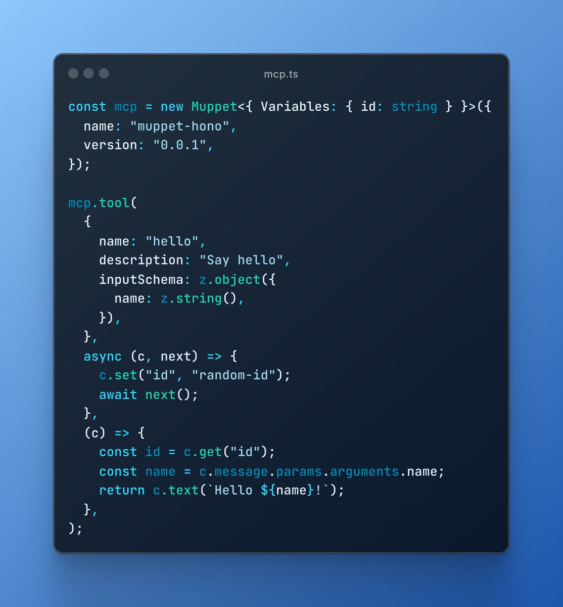 MathurAditya7's tweet image. I am working on a new MCP SDK for @muppetdev, what do you think about this API?
And yes it takes a lot of inspiration from Honojs.