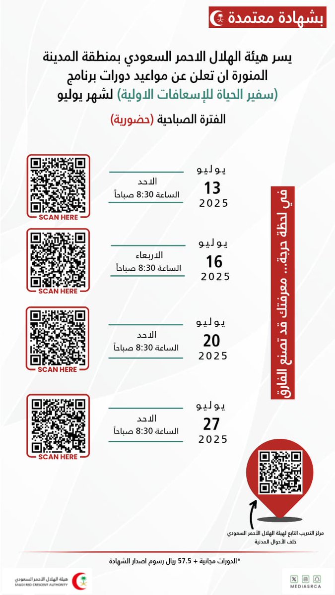 News_Almadinah's tweet photo. هيئة #الهلال_الأحمر السعودي بمنطقة #المدينة_المنورة تعلن بدء التسجيل في دورات سفير الحياة للإسعافات الأولية لشهر يوليو في مقر إدارة التدريب. حيث تقام الدورات لأفراد المجتمع من الرجال والنساء خلال الفترتين الصباحية والمسائية https://t.co/aouA1ZX8FT