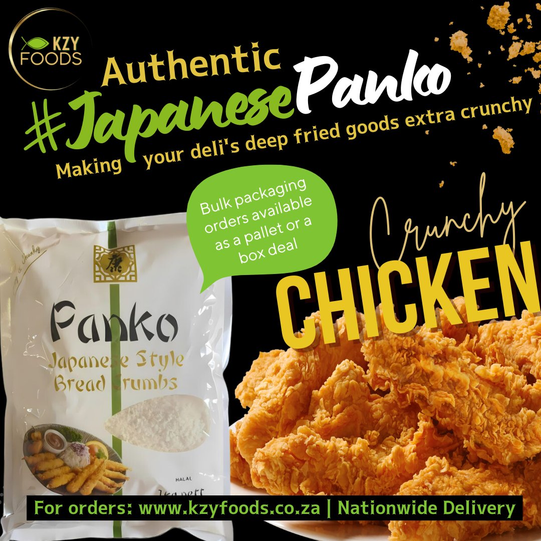 Level up your fried chicken game with our Authentic Japanese Panko 👨‍🍳✨
➡️ Extra crunch
➡️ Halal certified
➡️ Bulk options: box or pallet
➡️ Nationwide delivery

📞 +27 73 886 8068
🌐 kzyfoods.co.za
#KZYFoods #CrunchyChicken #PankoBreadcrumbs #DeliSupplies