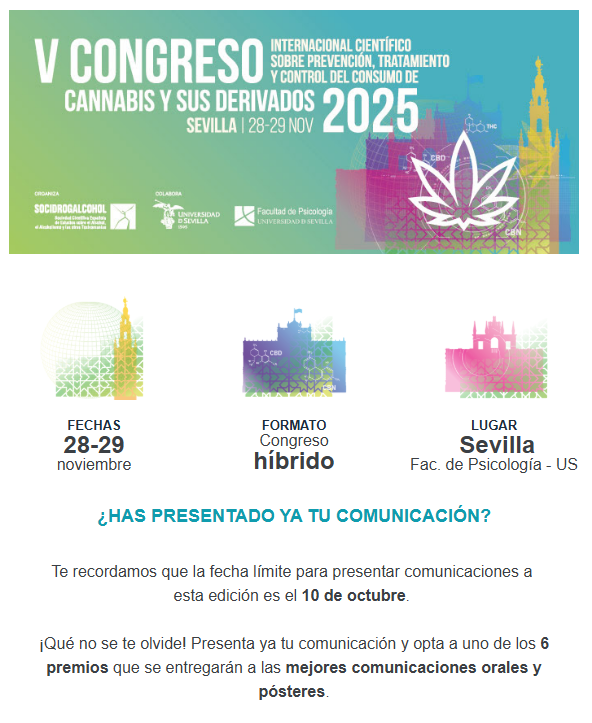 Puedes ir preparando tu comunicación para el V Congreso de Cannabis y sus Derivados que se celebra en Sevilla el 28 y 29 de noviembre #adicciones #cannabis #ciencia #evidencia