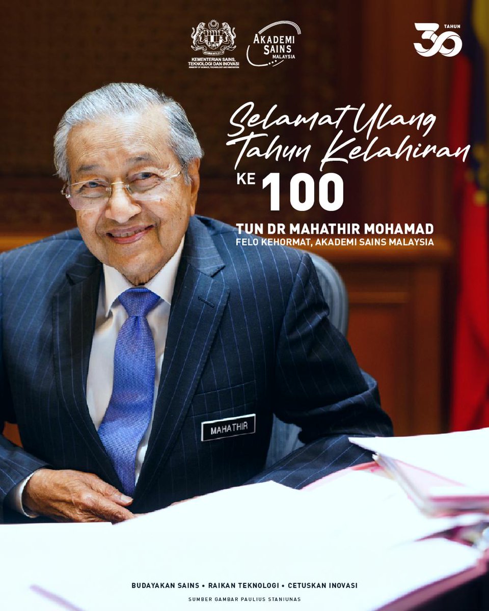 Selamat Hari Lahir kepada negarawan Malaysia Tun Dr Mahathir bin Mohamad. Semoga Tun terus dikurniakan kesihatan yang baik. Terima kasih atas segala jasa dan sumbangan besar kepada negara.

#ASM #TunM100