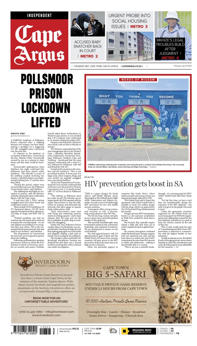 Inside your Thursday edition of the Cape Argus:

🗞️Parliament investigation launched into Mchunu
🗞️Mkhize's legal troubles build after judgment
🗞️Court hears 'no exceptional circumstances'
to release Wynberg court hit accused