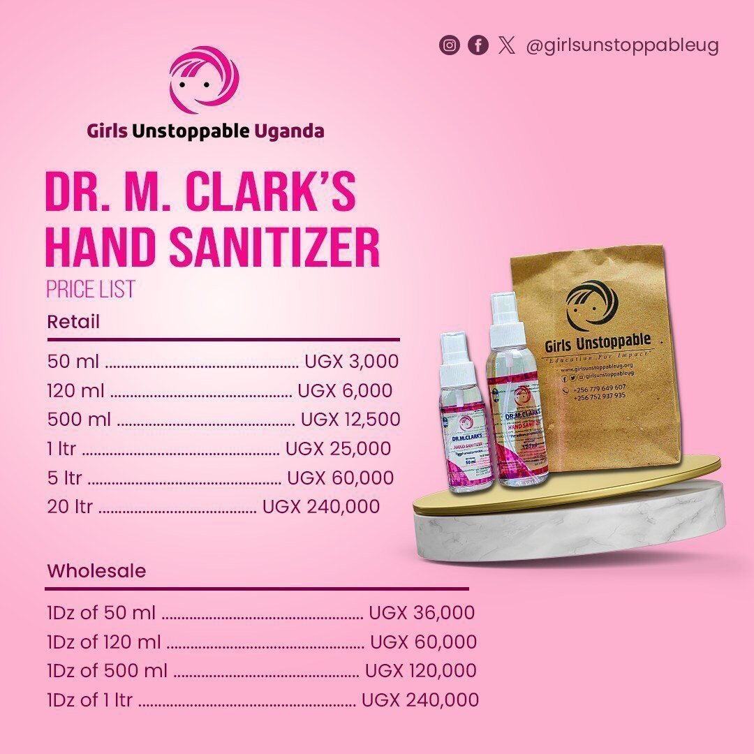 Explore our hand sanitizer collection today! 😊

Each purchase supports our Education Scholarship Fund, empowering girls to achieve their dreams.

Join us in making a difference. ❤️

Get in touch:
+256 776 367749 / +256 709 744873
#EmpoweringGirlsForImpact #Support