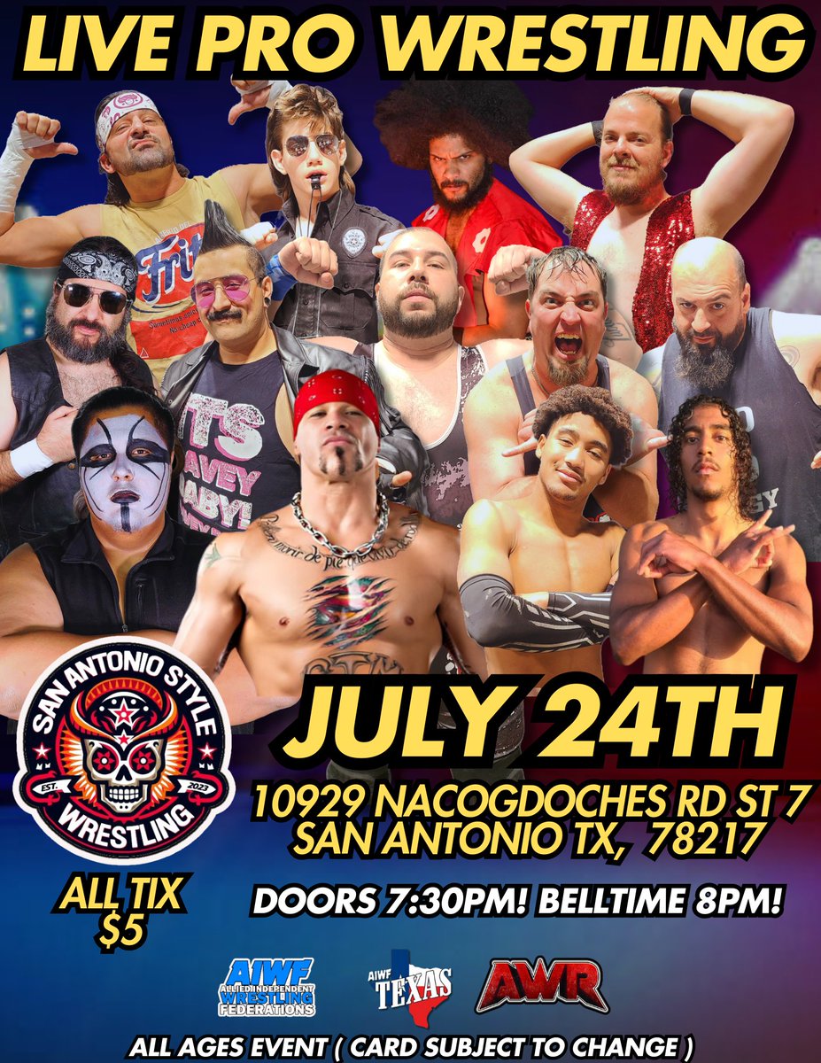 Dont forget we have a big show Thurs July 24th! 
10929 Nacogdoches Rd #7
San Antonio TX!

ALL tickets just $5